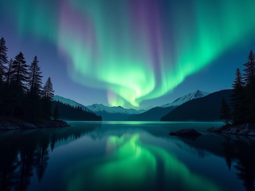 Aurora borealis dancing over pristine lake