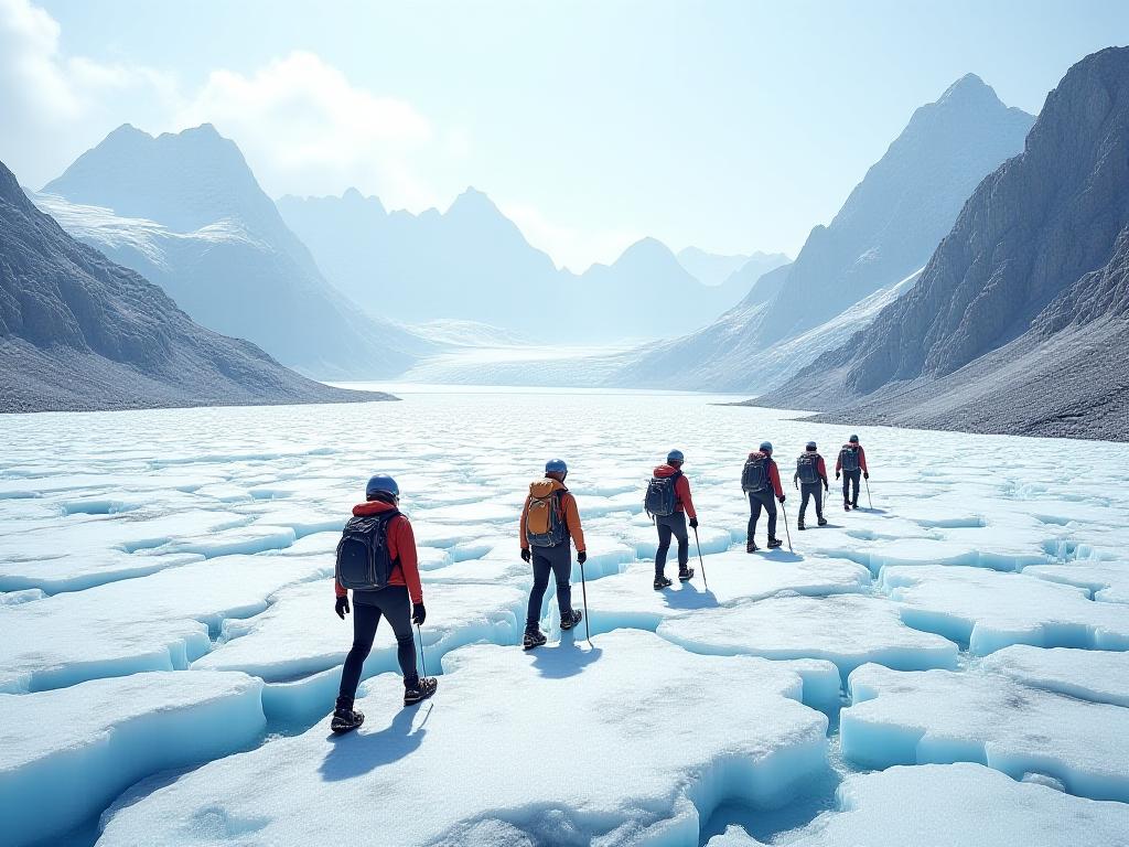 Hikers traversing glacial ice field