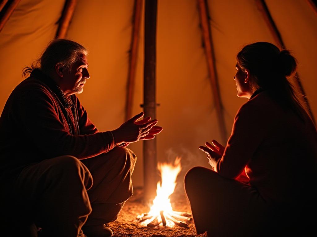 Indigenous elder sharing stories in traditional setting
