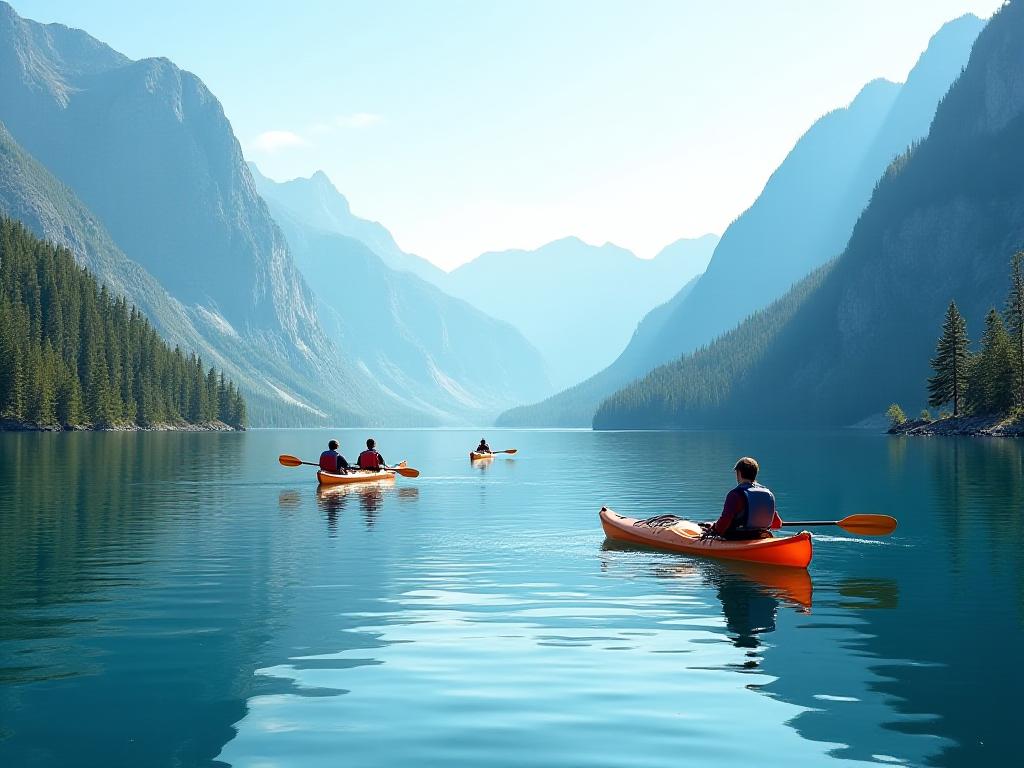 Kayakers on pristine mountain lake