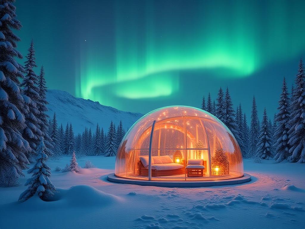 Luxury heated igloo under Northern Lights