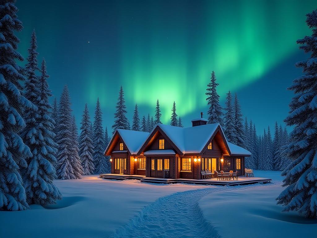 Remote aurora viewing lodge in winter landscape