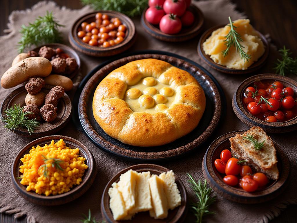 Traditional indigenous feast with bannock and wild game