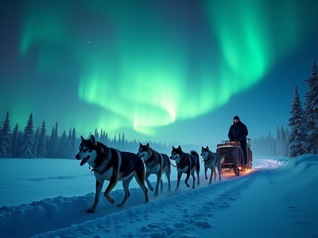 Dog sledding expedition under dancing Northern Lights
